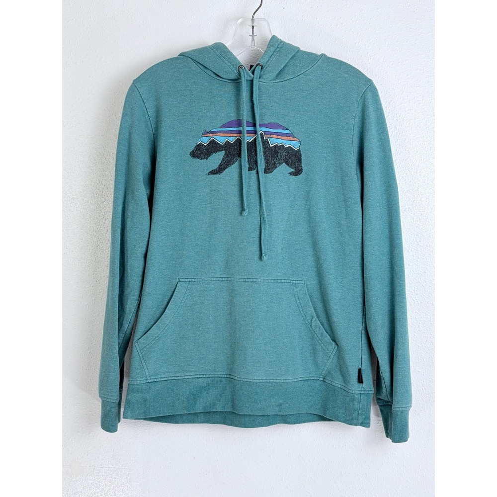 Patagonia Fitz Roy Bear Ahnya Hoodie Womens M Teal Organic Cotton Pullover